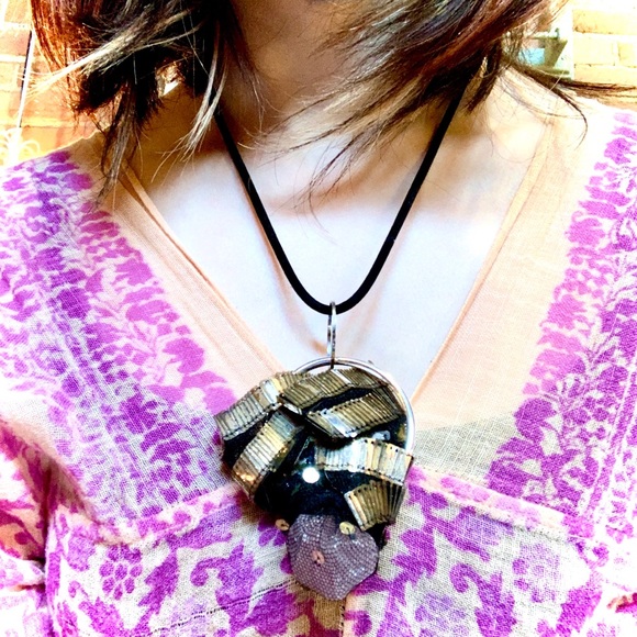 Vintage Rose Quartz & Black Mesh Handmade One Of A Kind Boho Festival Necklace - Picture 7 of 7